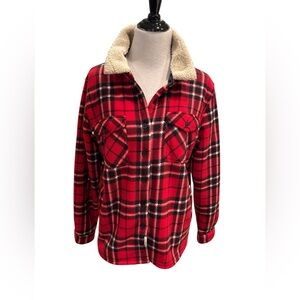 Soho Threads Shacket Women L Red Plaid Sherpa Lined Button Up Front Shirt Jacket